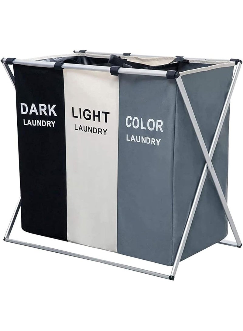 3-Compartment Foldable Laundry Basket – Water-Sealable Clothes Sorting Basket with Sturdy Aluminum Frame, Durable Oxford Cloth, Large 137L Capacity for Light, Dark, and Colored Clothes - Image 1